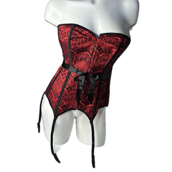 ADORE ME Scarlett Burlesque Strapless Red|Black Satin Lace Up Corset & Garters - Picture 3 of 15
